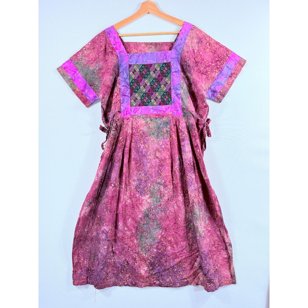 Unbranded Batik Midi Dress Womens XL Pink Purple Embroidered Boho Folk Global